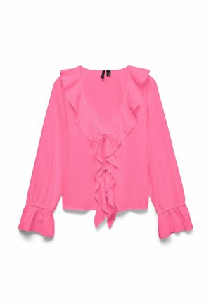 Blouse rose vif à manches longues avec col en V volanté et poignets, avec deux liens à nouer à l’avant et une coupe ample.