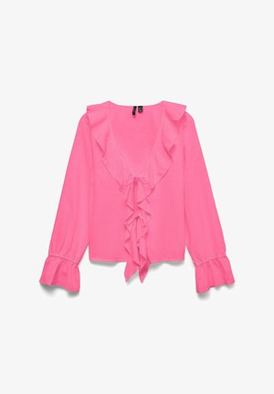 Élénk rózsaszín hosszú ujjú blúz fodros V-nyakkivágással és mandzsettával, két elöl megkötős megoldással és bő szabással.