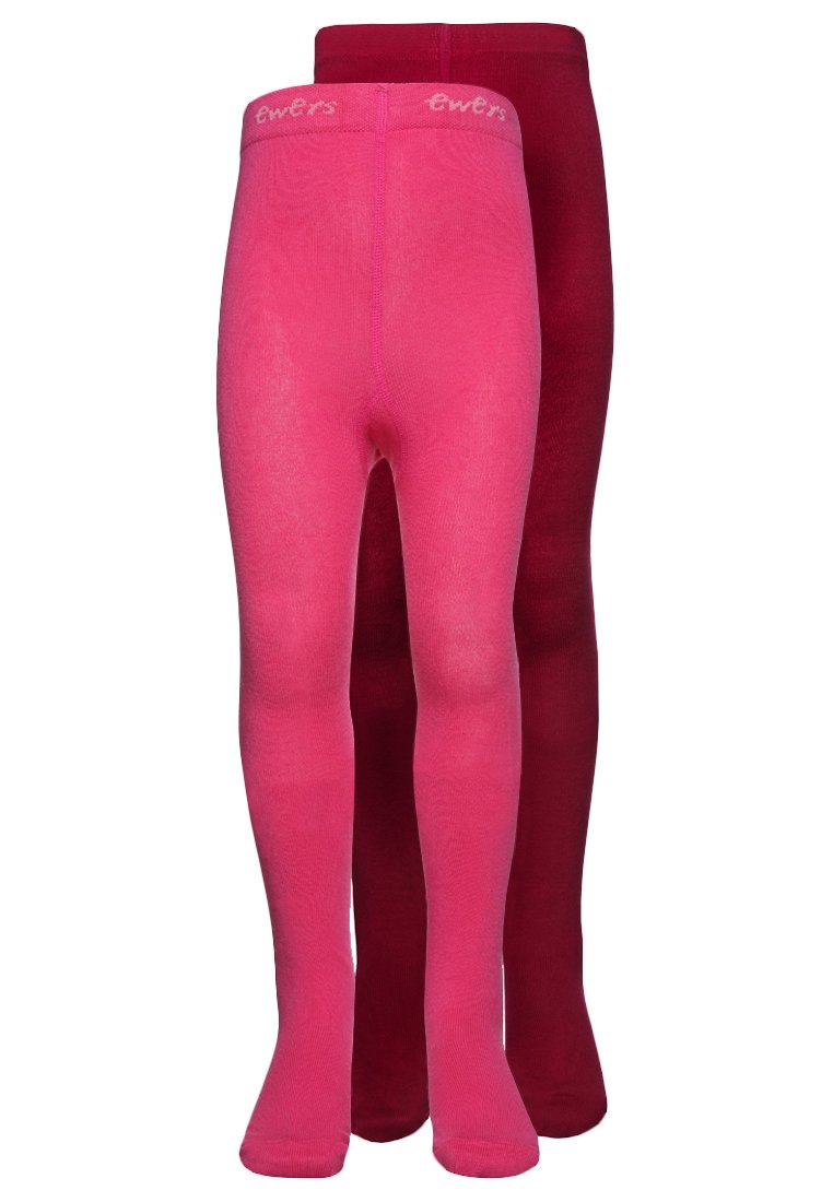 To par tights: en lys rosa og en mørk rød. Tightsene har en glatt, elastisk tekstur med en logo på livet.