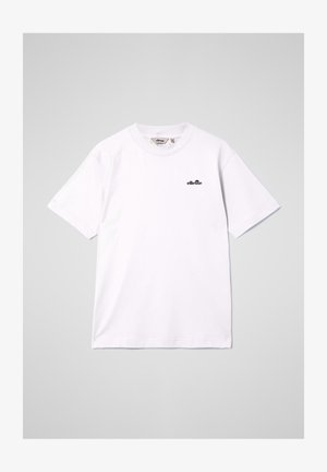 Bela kratka majica s kratkimi rokavi in okrolim izrezom, z majhnim črnim logotipom "ellesse" na zgornjem levem delu prsnega koša, položena na svetlo sivo ozadje.