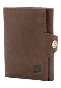 Brown leather wallet with a smooth texture, featuring a metal snap closure, stitched edges, and a logo embossed on the front.