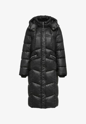Czarny, długi puchowy płaszcz z pikowanym wzorem, zapinany na zamek z przodu, z dwiema przednimi kieszeniami i kapturem. Wykonany z błyszczącego, gładkiego materiału.