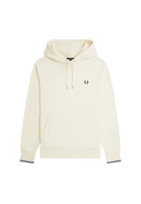 Felpa crema con tasca frontale, cappuccio con cordino, polsini a costine con una striscia blu navy e un piccolo logo blu navy sul petto.