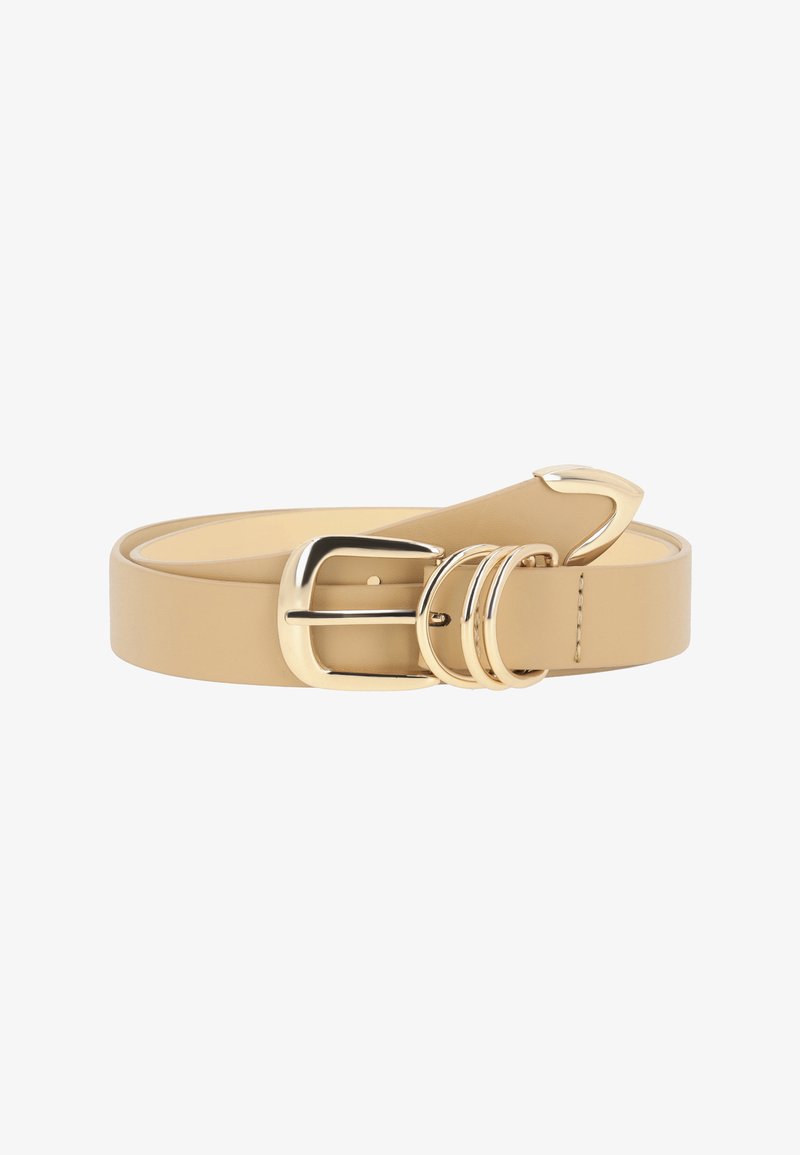 Curea din piele bej cu cataramă metalică aurie având un design elegant cu bucle duble, textură netedă și detalii de cusătură precise.