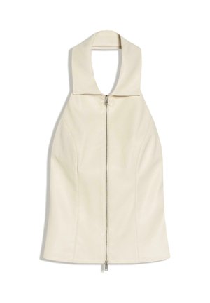 Ærmeløs vest i cremefarve med bred krave og en lodret sølvlynlås, der løber ned midt på fronten.