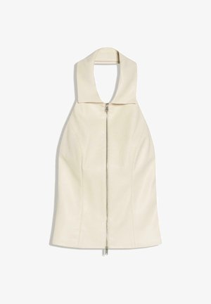 Gilet senza maniche color crema con un ampio colletto e una cerniera verticale argentata al centro davanti.