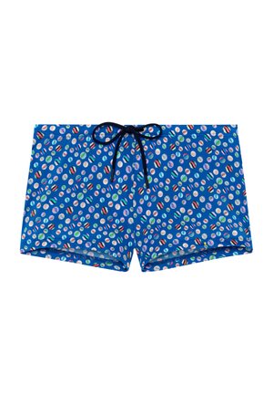 Blaue Schwimmshorts mit einem mehrfarbigen Punktemuster, ausgestattet mit einem Kordelzugbund und aus weichem, leichtem Material.