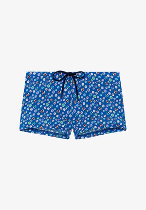 Shorts de bain bleu avec un motif de points multicolores, dotés d'une taille élastique à cordon de serrage et d'un tissu doux et léger.