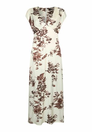 Vestido largo color crema con estampado floral marrón, escote en V y mangas tipo capa, con cintura entallada y falda fluida.