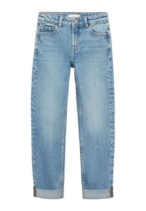 Jean en denim bleu clair avec une coupe droite classique, doté d'une fermeture à boutons, cinq poches et des revers retroussés. Texture douce.