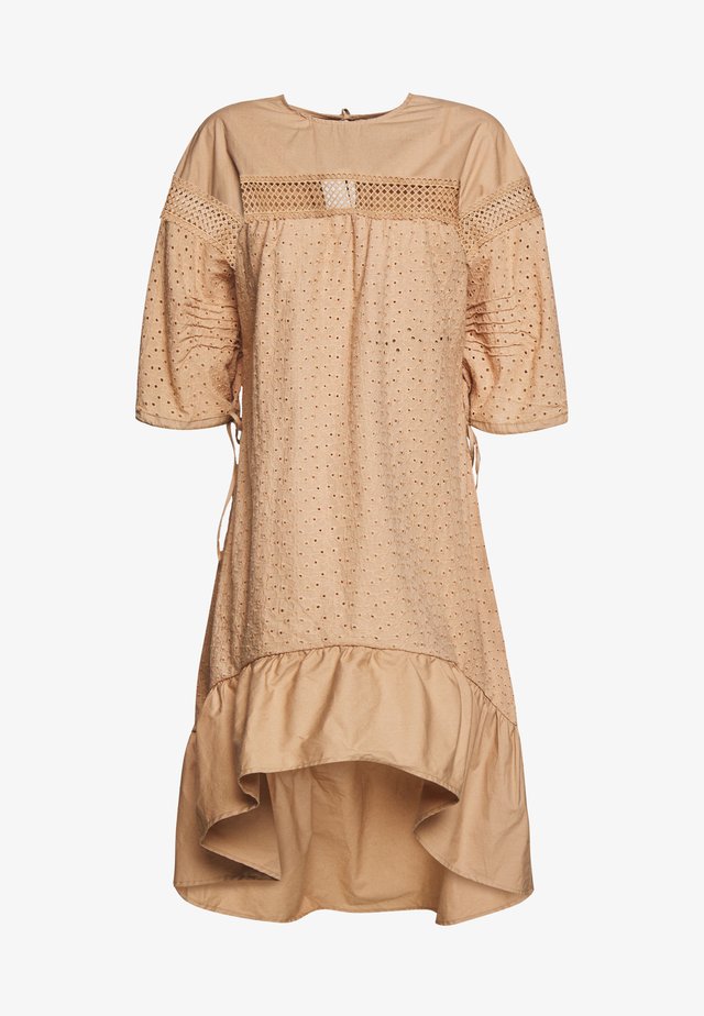 TRIM INSERT BRODERIE MIDI DRESS - Abito a camicia - beige
