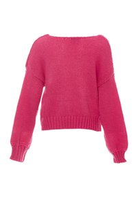Knallpinker Strickpullover mit weitem Ausschnitt, überschnittenen Schultern und gerippten Bündchen und Saum. Strukturiertes Material mit lockerer Passform.