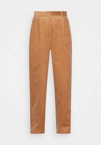 Benvita byxar i en varm brun färg, med smala vertikala ränder, rak benmodell och en mjuk textur.