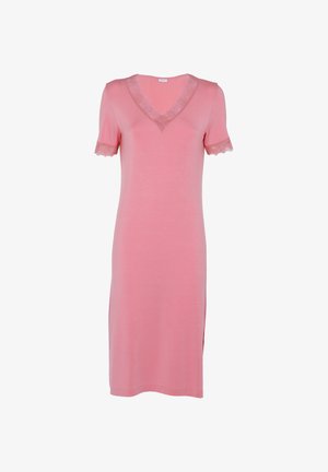 Vestito rosa al ginocchio con maniche corte e bordi in pizzo sulla scollatura a V e sui bordi delle maniche, realizzato in tessuto morbido.