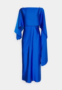 Robe en satin bleu vif, avec un design épaules dénudées, des manches fluides et une silhouette ajustée avec des détails de coutures diagonales.