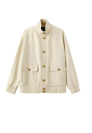 Beige button-up jacket with high collar, two front flap pockets, elastic cuffs, and hem, displayed on a white background.