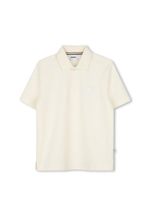 Crèmekleurig polohemd met korte mouwen, kraag, twee knopen, klein reliëflogo op de borst en Boss-label bij de nek en zijnaad.