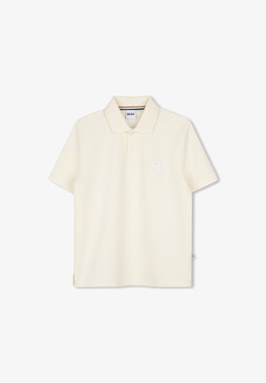 Crèmekleurig polohemd met korte mouwen, kraag, twee knopen, klein reliëflogo op de borst en Boss-label bij de nek en zijnaad.