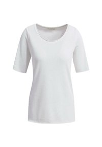 Weißes Baumwoll-T-Shirt mit kurzen Ärmeln, rundem Ausschnitt und glatter Textur. Einfaches Design ohne Muster oder Verzierungen.