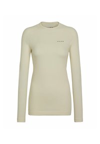 Top long-sleeve beige chiaro con superficie testurizzata, scollatura a girocollo e branding sottile sul davanti. Realizzato in materiale elasticizzato per garantire comfort.
