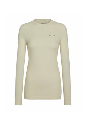 Lichtbeige lange mouw top met een textuur oppervlak, ronde halslijn en subtiele branding aan de voorkant. Gemaakt van rekbaar materiaal voor comfort.
