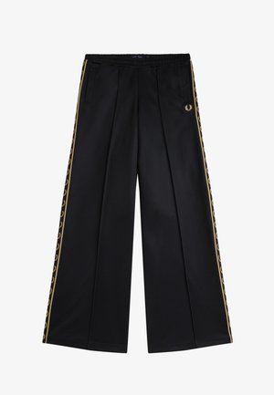 Pantalon de survêtement noir à jambes larges avec bande tapissée d'un logo de laurier doré sur les côtés et une petite couronne de laurier brodée près de la poche droite.