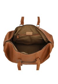 Tan läderresväska med dragkedjestängning, bred öppning, två handtag och en framfickan med dragkedja. Interiören har en slät tygfoder.