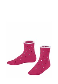 Chaussettes chevilles roses avec un revers en dentelle blanc et des motifs à pois multicolores en rouge, argent et gris clair. Tissu doux.
