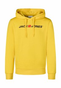 Gele hoodie gemaakt van een katoenmix, met een voorlogo in zwart en rood, verstelbare trekkoorden en geribbelde manchetten.