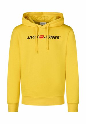 Gelber Kapuzenpullover aus Baumwollmischung mit einem schwarzen und roten Frontlogo, verstellbaren Kordeln und Rippbündchen.