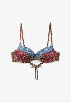 Büstenhalter mit mehrfarbigem Paisley-Patchwork, braunen verstellbaren Trägern und Frontbindedetail auf weißem Hintergrund.
