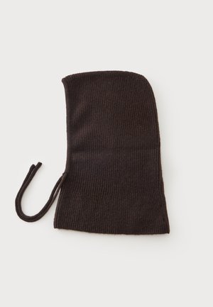 Dark brown ribbed knit bonnet with a tie string on one side, laid flat on a white background.