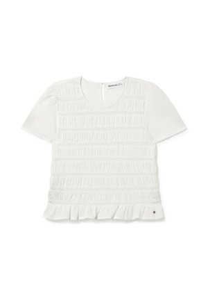 Chemise blanche à manches courtes présentant un design smocké texturé, un col rond et un ourlet volanté en bas. Détail de marque discret inclus.