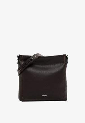 Borsa a tracolla in pelle marrone scuro con una texture liscia, chiusura superiore con zip e una tracolla con logo caratterizzata da cuciture a contrasto e hardware in argento.