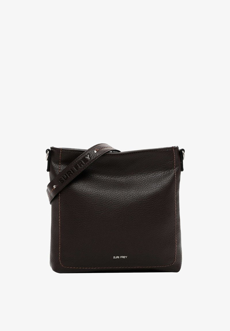 Borsa a tracolla in pelle marrone scuro con una texture liscia, chiusura superiore con zip e una tracolla con logo caratterizzata da cuciture a contrasto e hardware in argento.