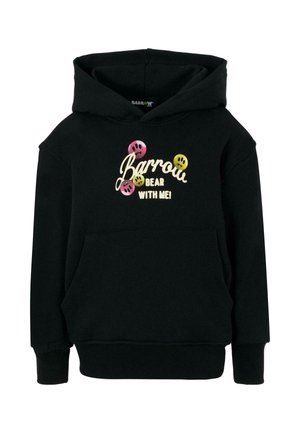 Zwarte hoodie met een voorzak, voorzien van kleurrijke smiley gezichten en de tekst "Barrow BEAR WITH ME!" in een speelse lettertype.