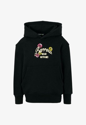Felpa nera con tasca frontale, decorata con grafiche di faccine sorridenti colorate e il testo "Barrow BEAR WITH ME!" in un carattere giocoso.