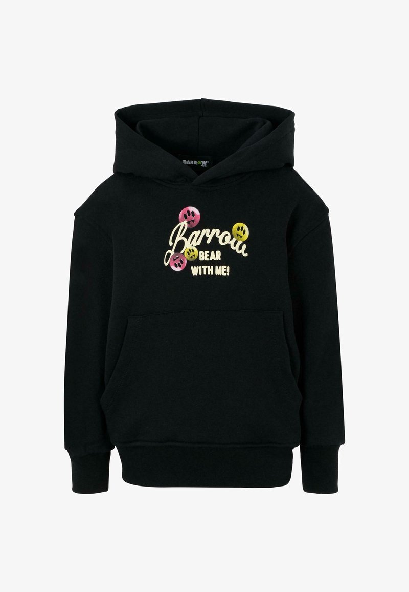 Sort hættejakke med en frontlomme, med farverige smiley-ansigt grafik og tekst, der læser "Barrow BEAR WITH ME!" i et legesyg font.
