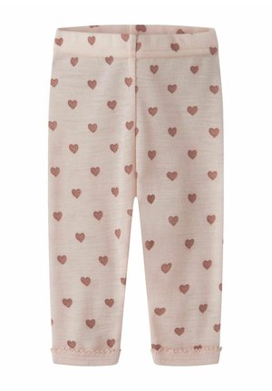 Leggings roses pour bébé avec petit motif de cœurs bruns et détails d'ourlet festonné.