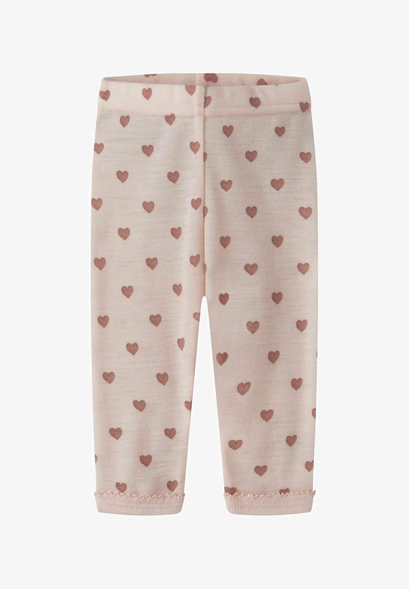Leggings roses pour bébé avec petit motif de cœurs bruns et détails d'ourlet festonné.