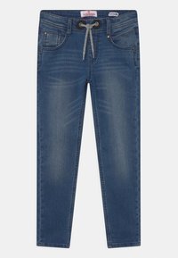 Modré slim-fit džíny z denimu s předním stahovacím šňůrkou, vybledlými detaily na stehnech a standardním designem s pěti kapsami.