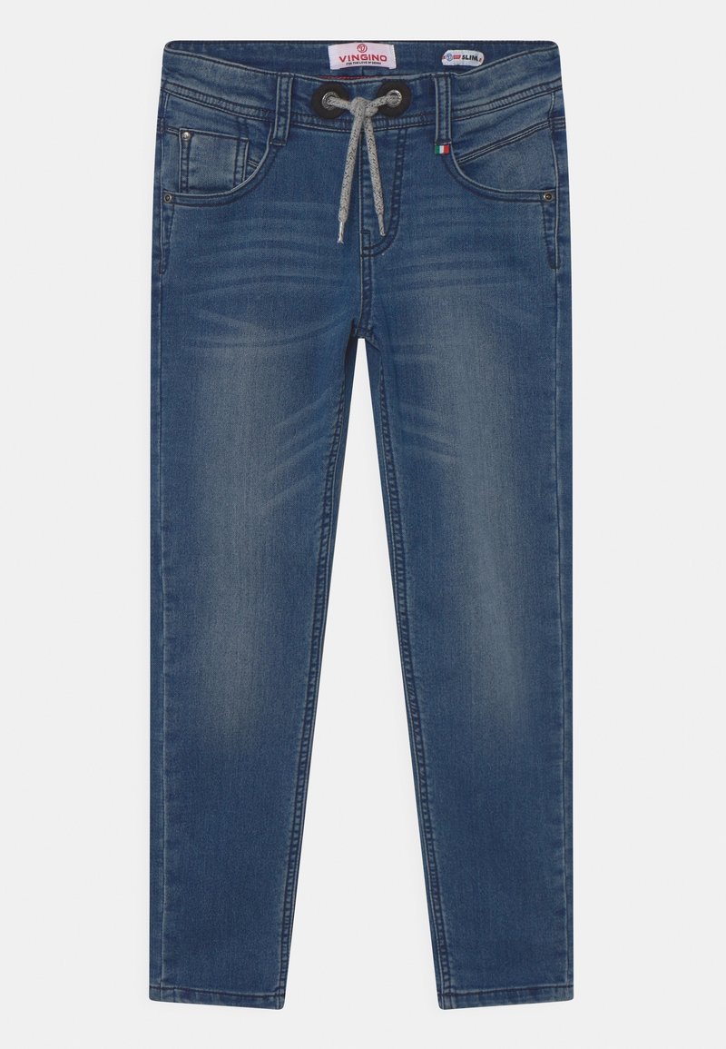 Modré slim-fit džíny z denimu s předním stahovacím šňůrkou, vybledlými detaily na stehnech a standardním designem s pěti kapsami.