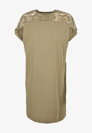 Khaki tuniekjurk met een kantoverlay op de schouders, korte mouwen, ronde halslijn en een rechte snit; gemaakt van zachte katoen.