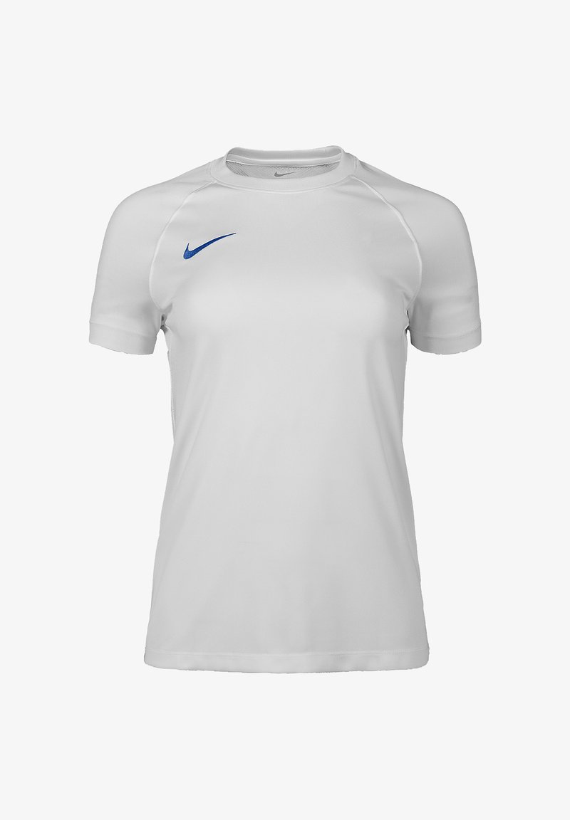 Weißes, kurzärmeliges Sportsshirt mit Rundhalsausschnitt und kleinem blauem Nike-Swoosh-Logo auf der rechten Brust.