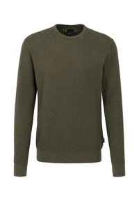 Maglione a maglia verde oliva con un motivo texturizzato, scollo rotondo e maniche lunghe. Presenta polsini e orlo a coste, etichetta sul lato.