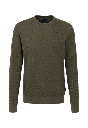 Maglione a maglia verde oliva con un motivo texturizzato, scollo rotondo e maniche lunghe. Presenta polsini e orlo a coste, etichetta sul lato.
