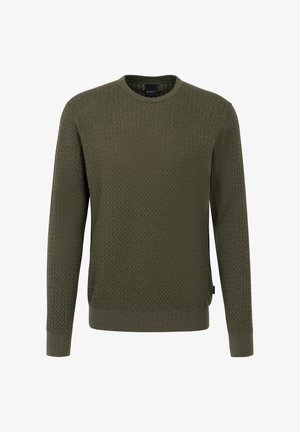 Maglione a maglia verde oliva con un motivo texturizzato, scollo rotondo e maniche lunghe. Presenta polsini e orlo a coste, etichetta sul lato.