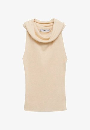 Top bej fără mâneci, cu decolteu tip cowl, realizat dintr-un material cu textură ribbed. Prezintă o textură netedă și o siluetă strânsă.