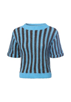 Kurzarmpullover aus flauschigem Stoff mit auffälligen horizontalen schwarzen und blauen Streifen, runder Ausschnitt und gerippten Bündchen.
