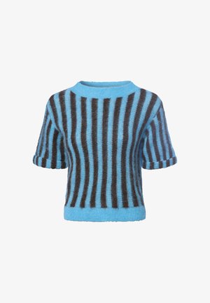 Kurzarmpullover aus flauschigem Stoff mit auffälligen horizontalen schwarzen und blauen Streifen, runder Ausschnitt und gerippten Bündchen.